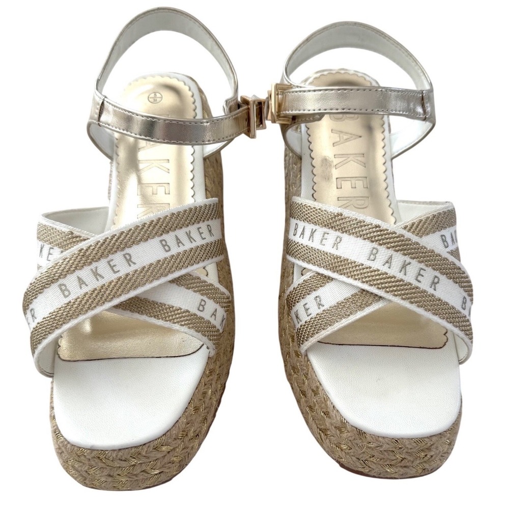 Ted Baker Logo Strap Espadrille Platform Sandals White Gold Size 5 EU 38